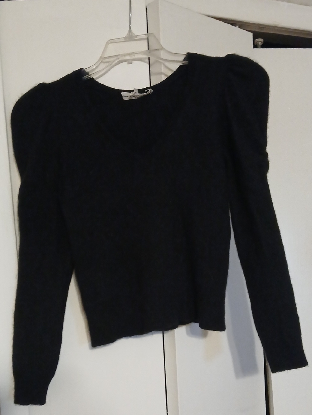 Frame Denim Black Long-Sleeve Puff Shoulder Sweater Top 100% Cashmere